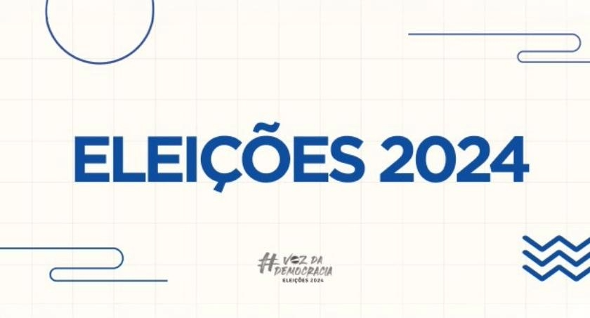 logo da eleição em tons de branco e azul. Além de elementos gráficos, há o texto "Eleições 2024,...