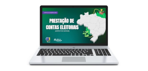 Em uma tela de computador, está a capa do documento, que onde aparece escrito: “Cartilha Eleiçõe...