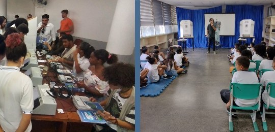 Na foto à esquerda, alunos da Escola Técnica Estadual Adolpho Bloch participam de uma eleição si...